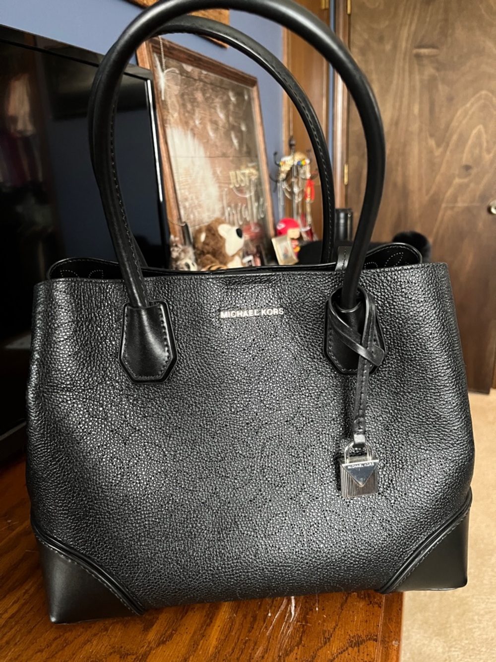 Michael Kors Black Pebbled Leather Satchel with Silver Hardware